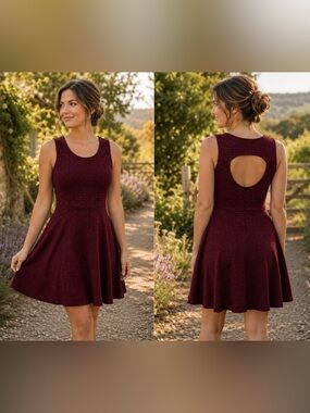 Enough About Me Burgundy Fit Flare Dress Open Back Cutout Small